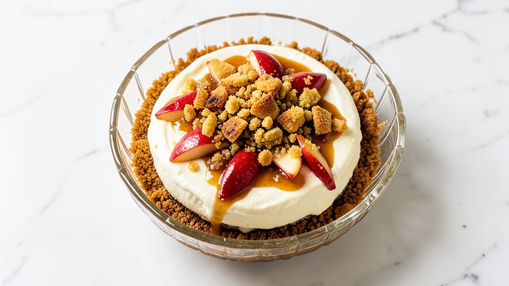 Apple Crisp Cheesecake No-Bake Recipe: Warm Spice Streusel Over Creamy Vanilla Layers